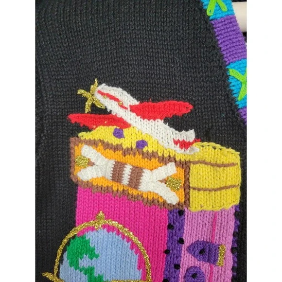 Storybook Knits Vintage Travel Cardigan Medium Black Suitcase Globe Sailboat - Picture 5 of 13